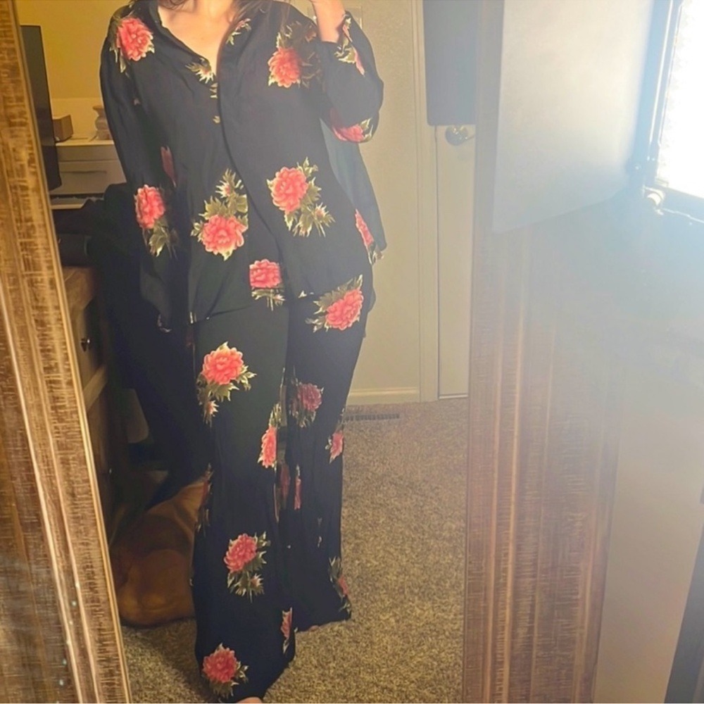 Reformation Two Piece Set Black & Pink Rose Print‎ Button Down & Flare Pants